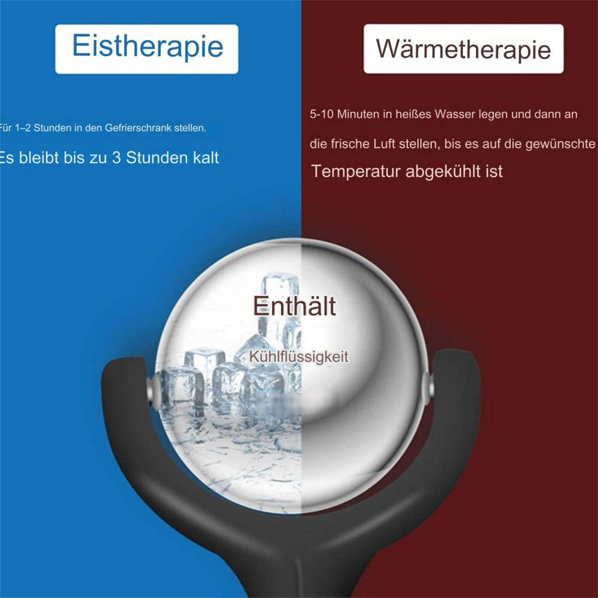 Diagramm mit Eis- und Wärmetherapie, Text auf Deutsch und schwarzem Griff.