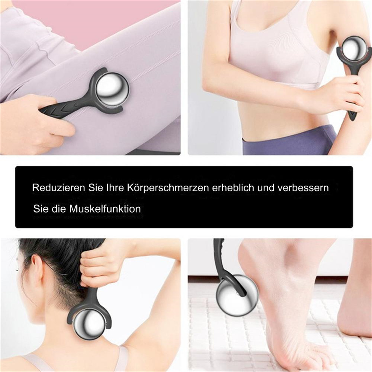 Eine Person benutzt ein Massagegerät an Beinen, Armen, Nacken und Füßen. Text: Reduzieren Sie Körperschmerzen, verbessern Sie die Muskelfunktion.