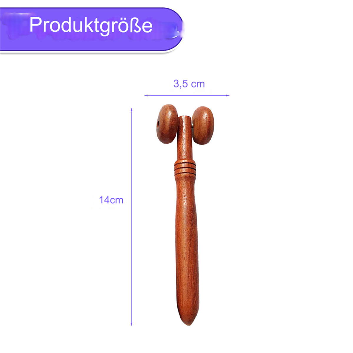 Ein hölzernes Massagegerät mit zwei runden Enden und einem Griff. Maße sind angegeben. Weißer Hintergrund.