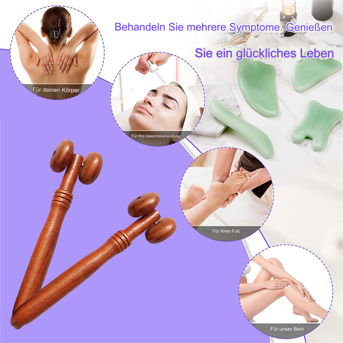 Bild zeigt Massage-Tools, Spa-Behandlungen und Personen. Text auf Deutsch.