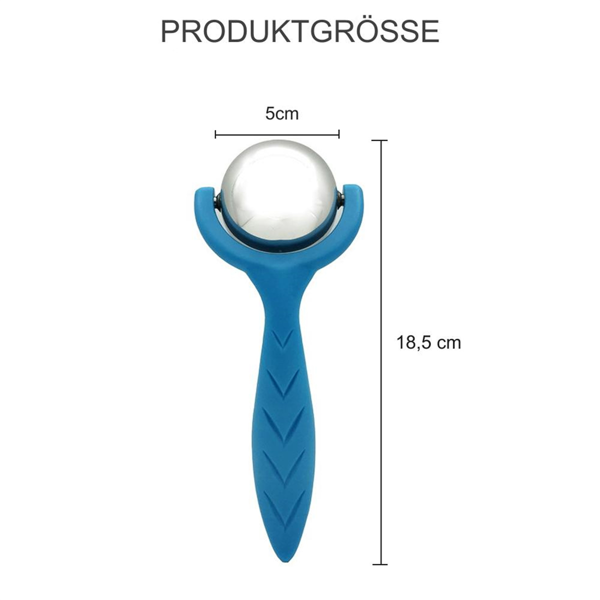 Blauer Massageroller mit silberner Kugel und blauem Griff. Abmessungen sind angegeben.