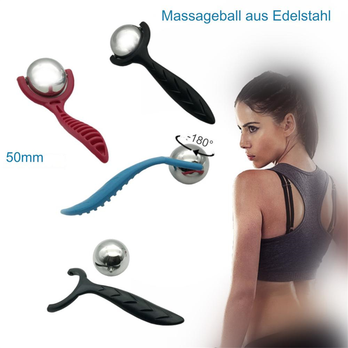 Frau neben Massage-Tools. Es gibt drei Massage-Tools in verschiedenen Farben.