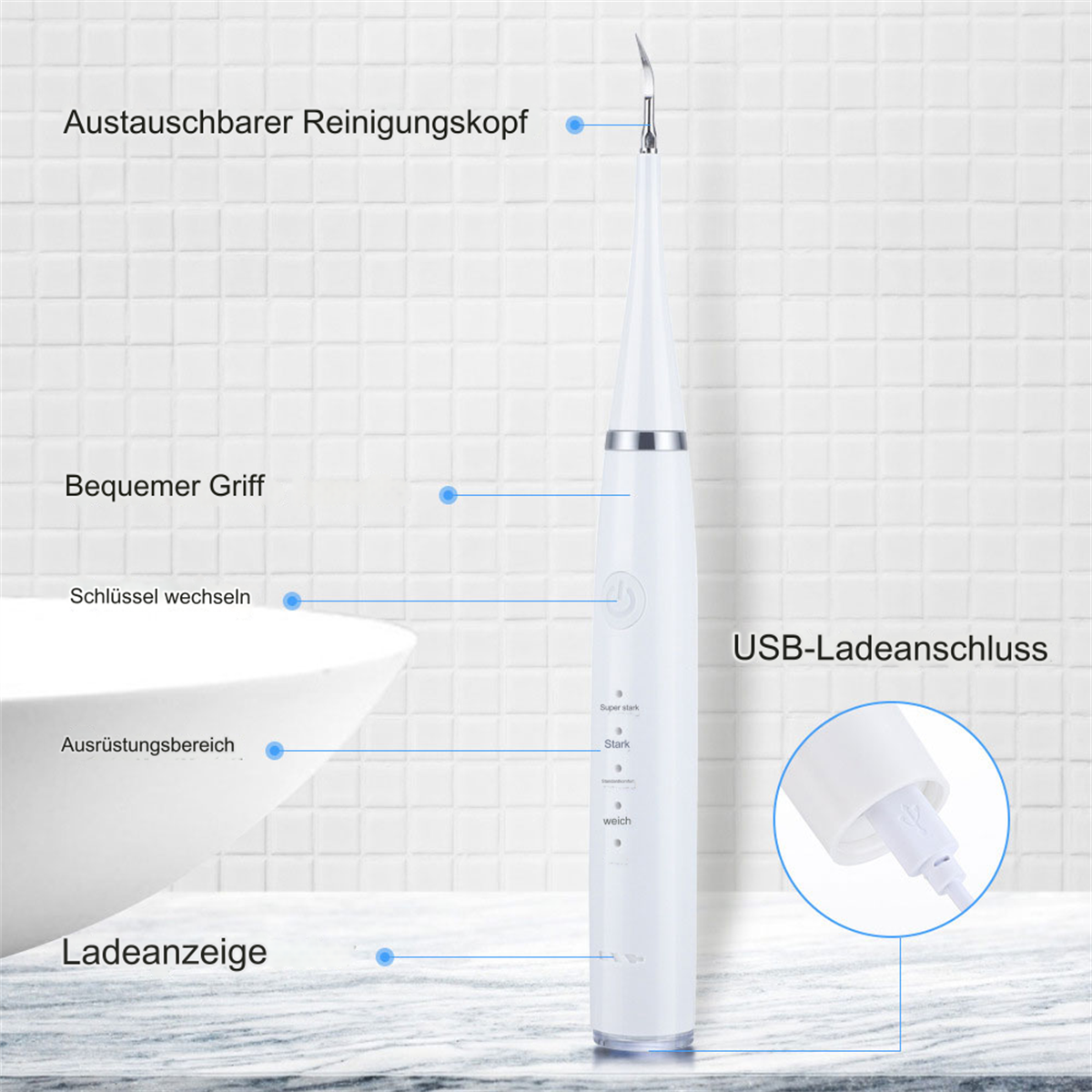 Ein weißer, elektrischer Zahnsteinentferner auf weißem Fliesen Hintergrund. Nahaufnahme des USB-Ladeanschlusses.