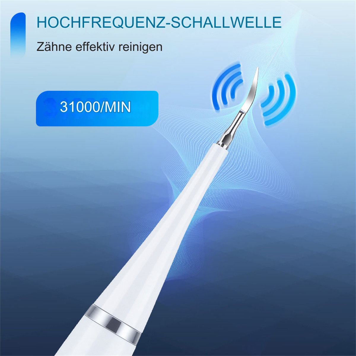 Ein elektrischer Zahnsteinentferner. Weißer Körper, silberne Spitze, blauer Hintergrund.