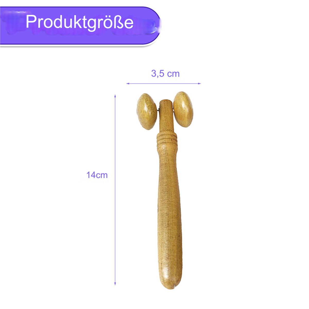 Eine Holz-Massagerolle. Sie hat zwei abgerundete Holzköpfe auf einem Holzgriff. Mit Maßen markiert.