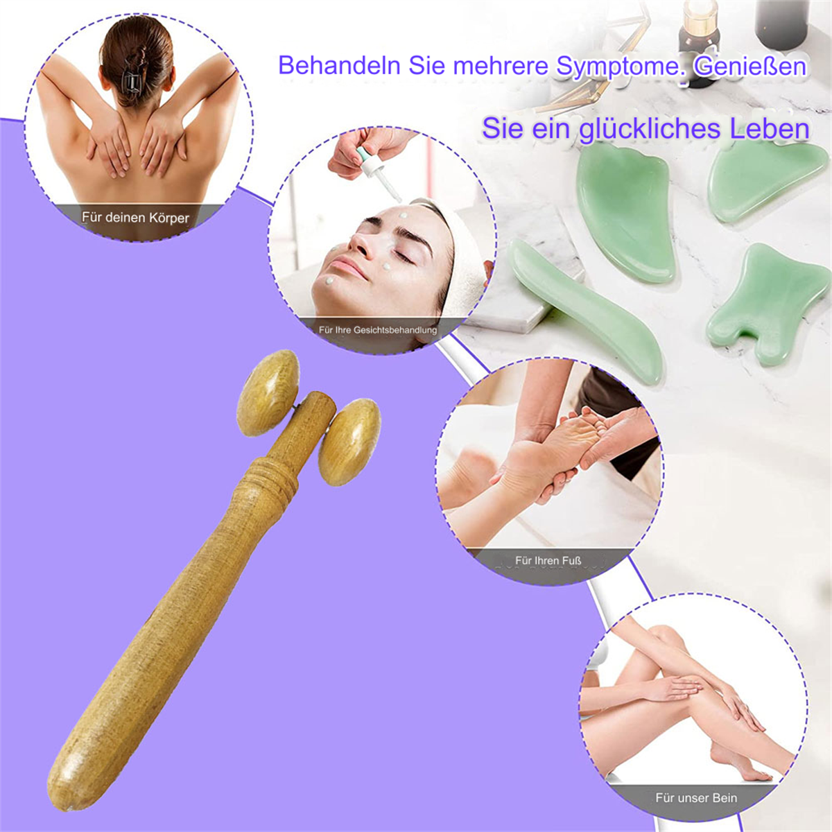 Ein Set von Beauty-Tools und -Behandlungen: Gesicht, Körper, Bein und Fuß. Eine Holzrolle befindet sich im Vordergrund.