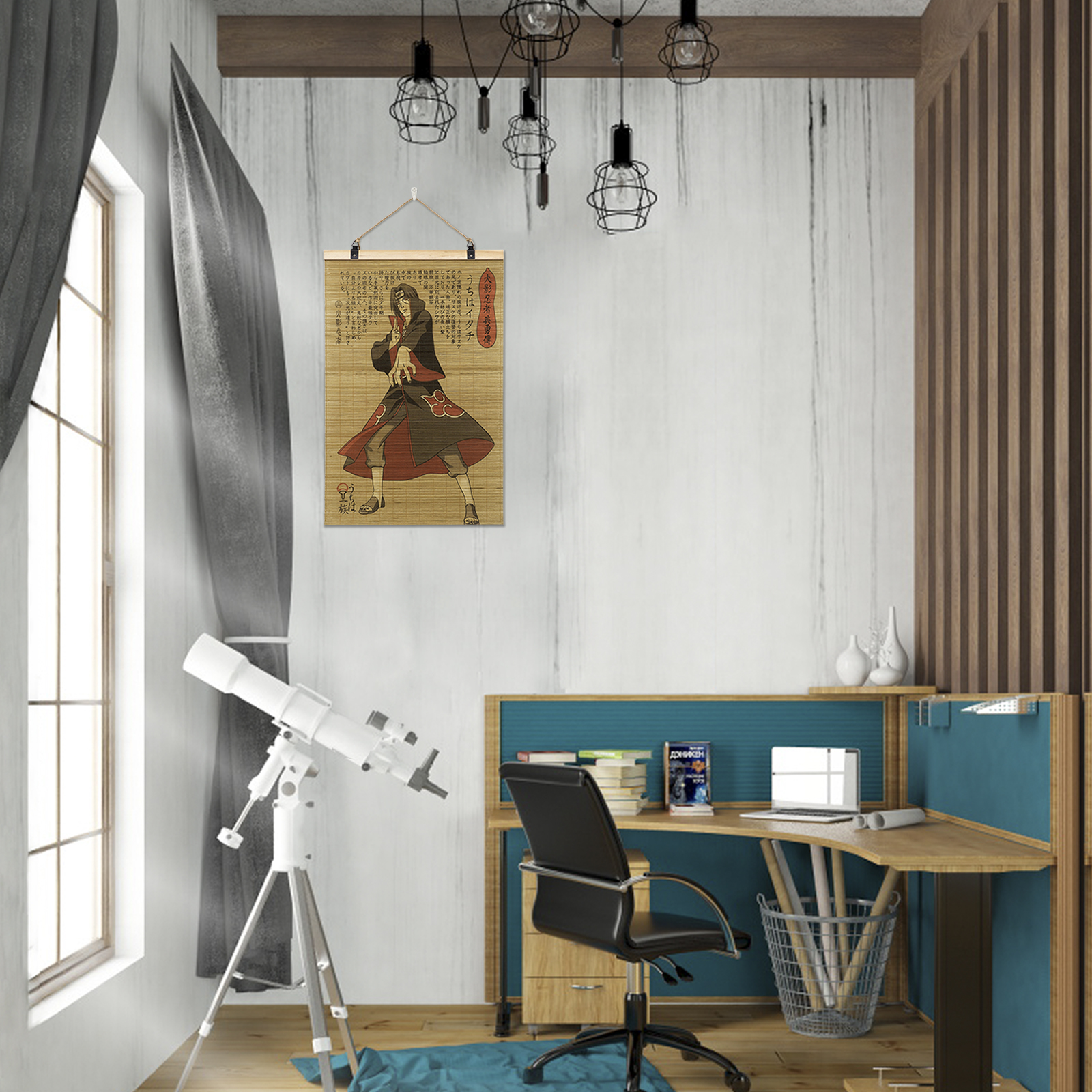Ein Zimmer mit Schreibtisch und einer Anime-Kunstrolle. Ein Teleskop befindet sich im Vordergrund.