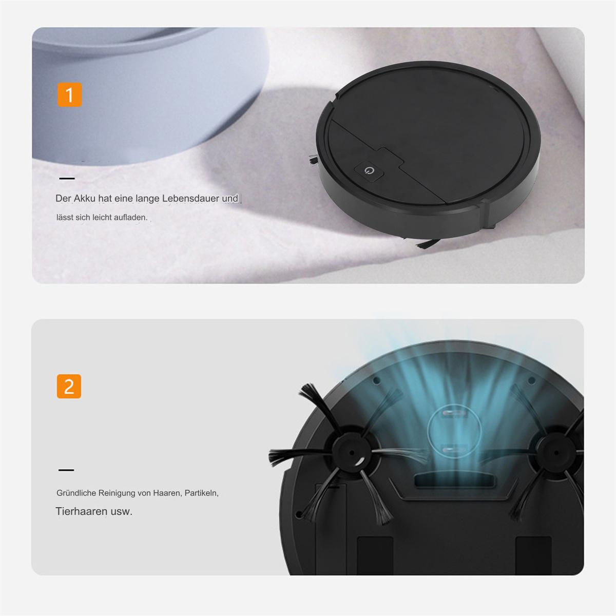 Oben- und Unteransicht eines schwarzen Roboter-Staubsaugers. Die Oberseite ist schwarz, die Unterseite hat Bürsten.