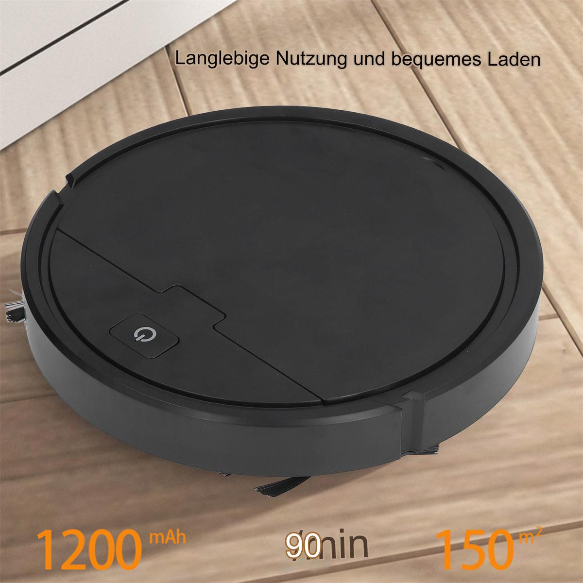 Schwarzer Roboter-Staubsauger auf Holzfußboden mit Zahlen zu Akku und Fläche.