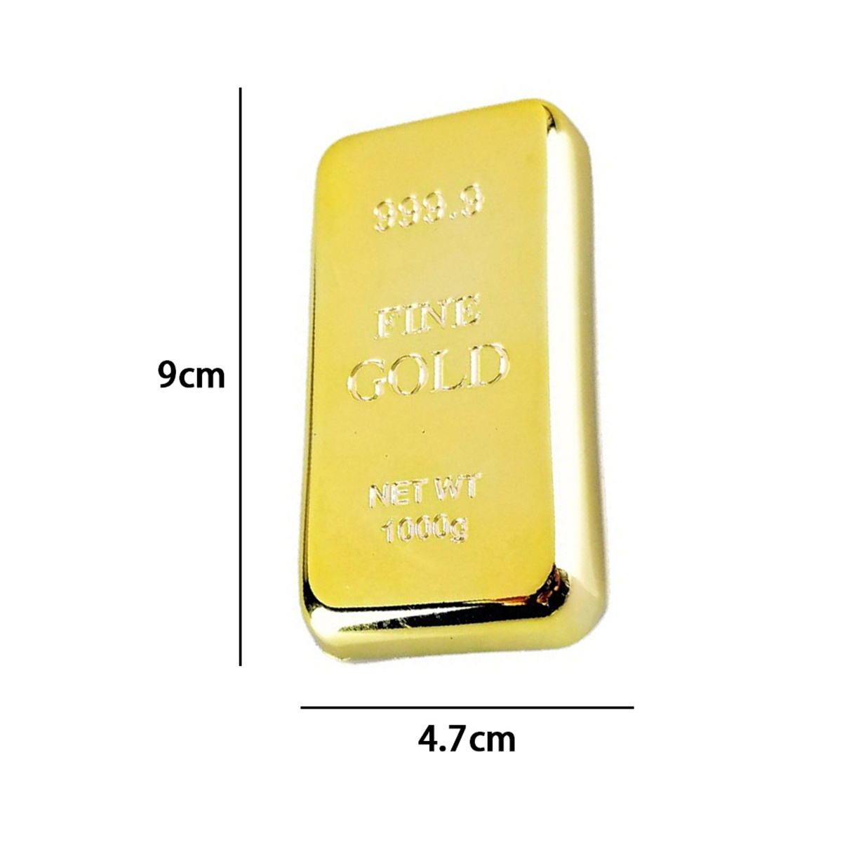 Ein Goldbarren mit beschrifteten Abmessungen und den Worten 'Feingold' und 'Netto-Gewicht 1000g'.