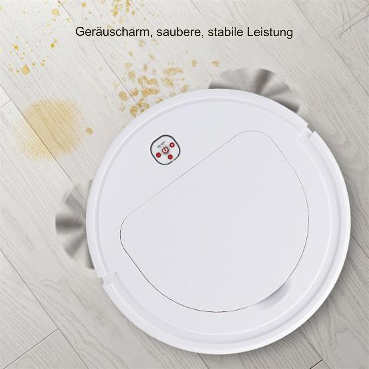 Ein weißer Roboter-Staubsauger auf einem Holzboden, mit Textüberlagerung auf Deutsch.
