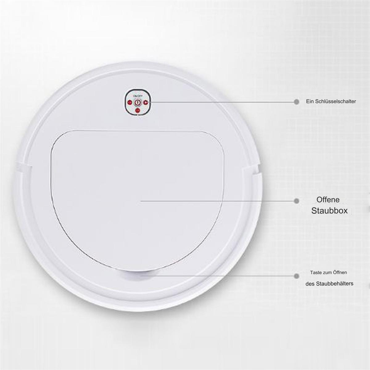 Ein weißer Roboter-Staubsauger mit roten Knöpfen, auf weißem Hintergrund, und auf Deutsch beschriftet.
