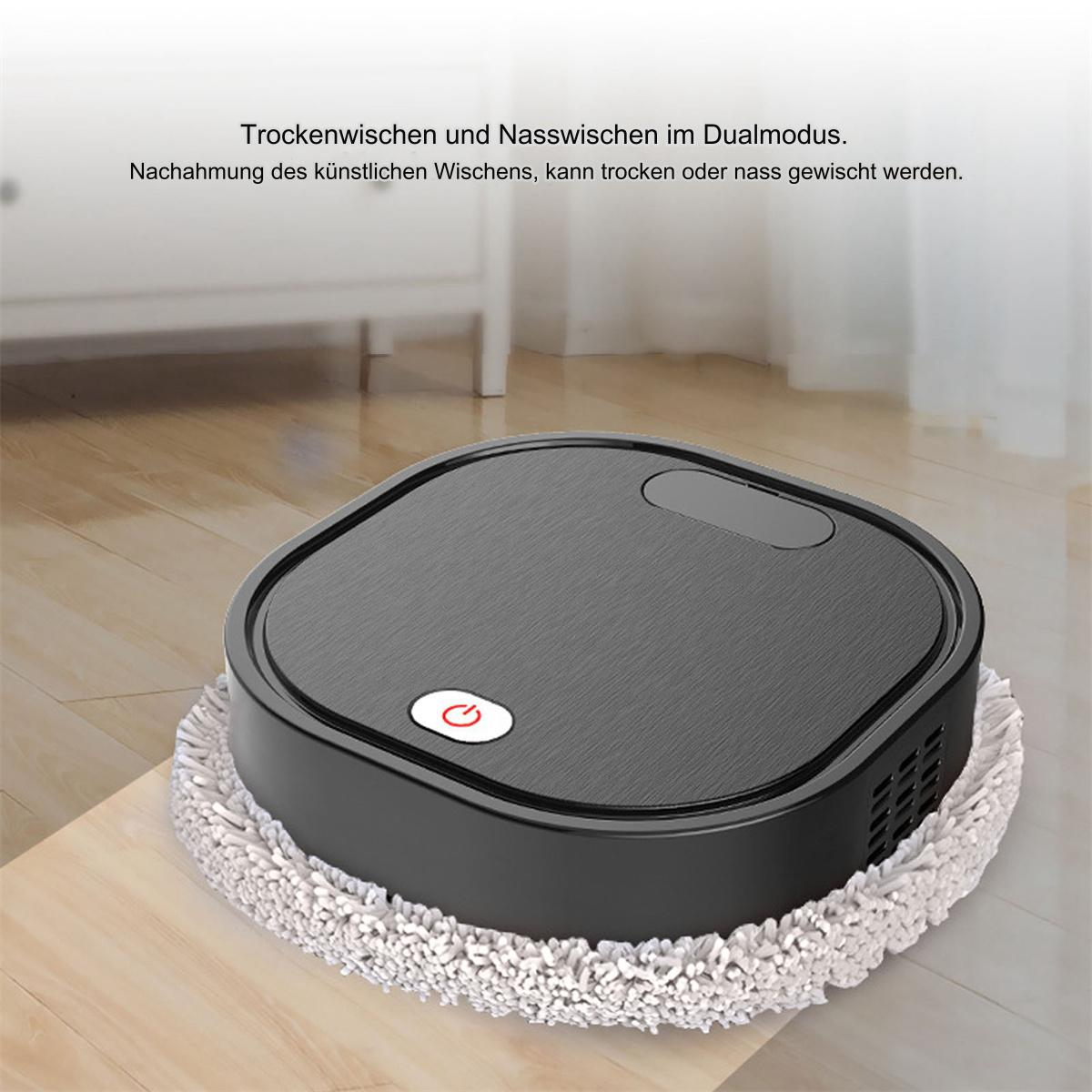 Schwarzer Roboter-Staubsauger auf Holzboden. Er hat einen runden, weißen Reinigungskopf.