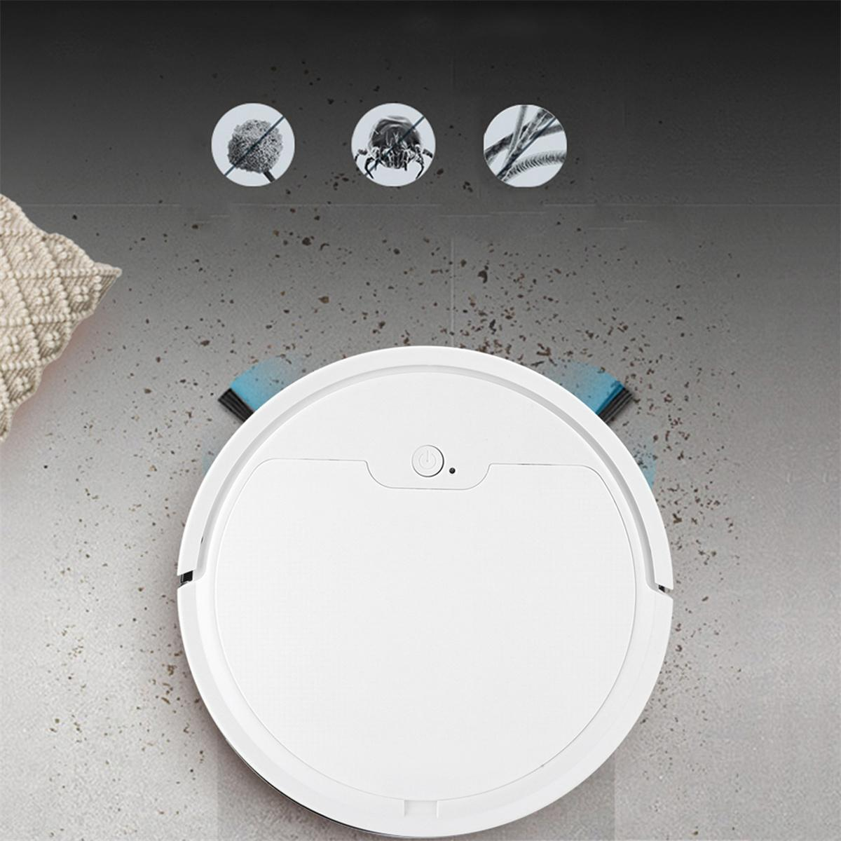 Ein weißer Roboter-Staubsauger auf grauem Boden mit Reinigungs-Symbolen. Er reinigt gerade.