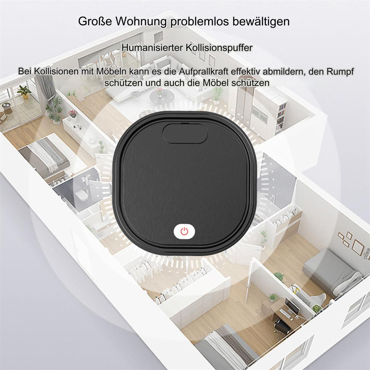 Roboter-Staubsauger in einem Raum. Zeigt einen Hausplan im Hintergrund.