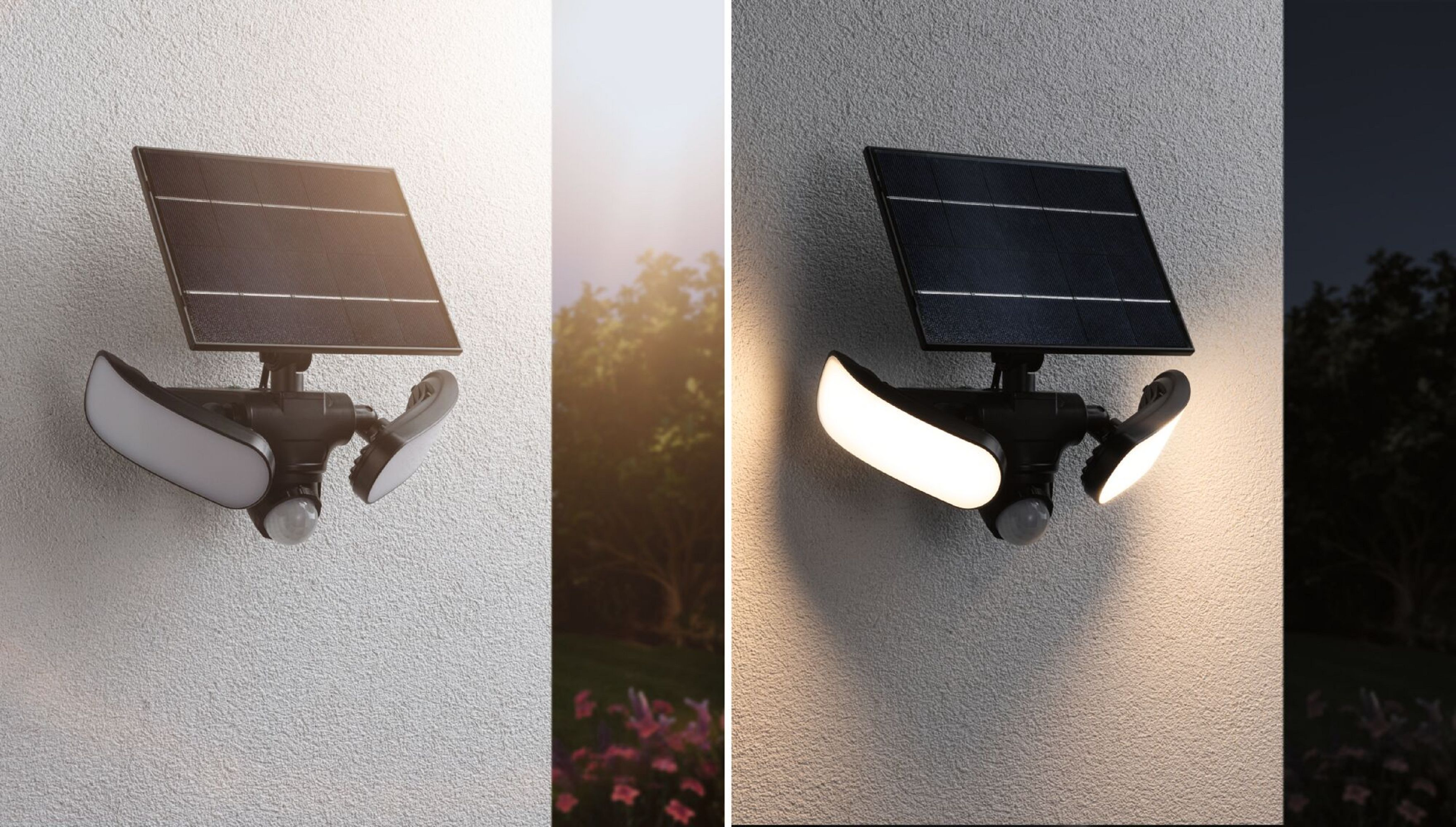 Zasilane energią słoneczną lampy zewnętrzne. Dwie lampy, jedna w bezpośrednim świetle słonecznym.