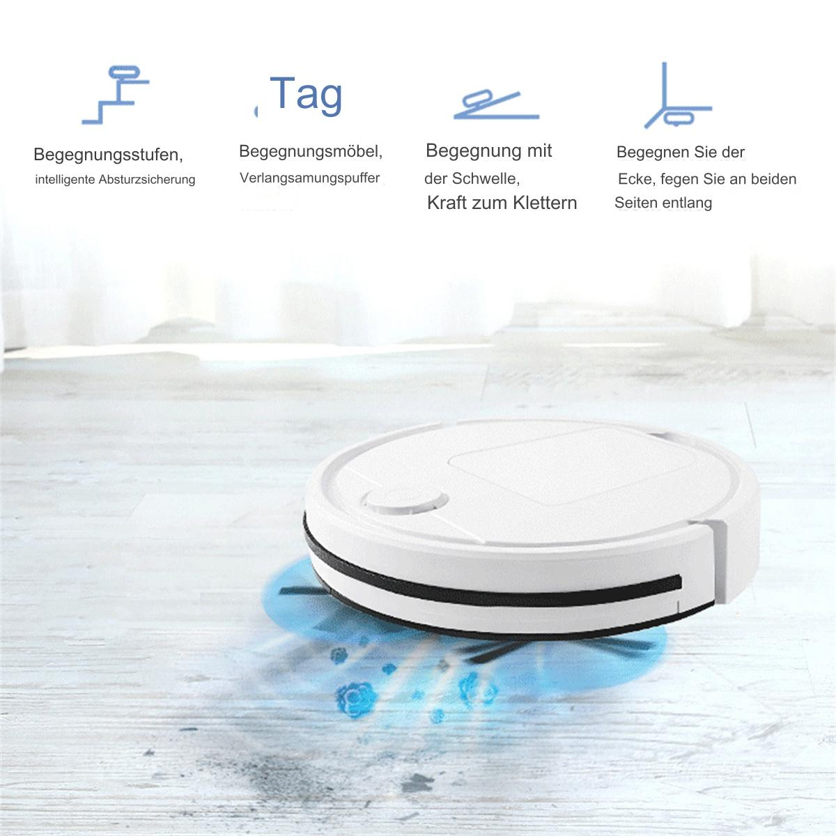 Weißer Roboter-Staubsauger auf hellem Holzboden.