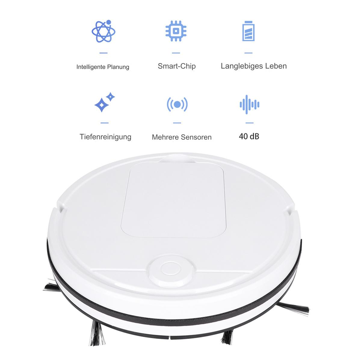 Weißer Roboter-Staubsauger mit schwarzen Akzenten. Illustrative Symbole und Text im Hintergrund. Weiße Oberfläche.