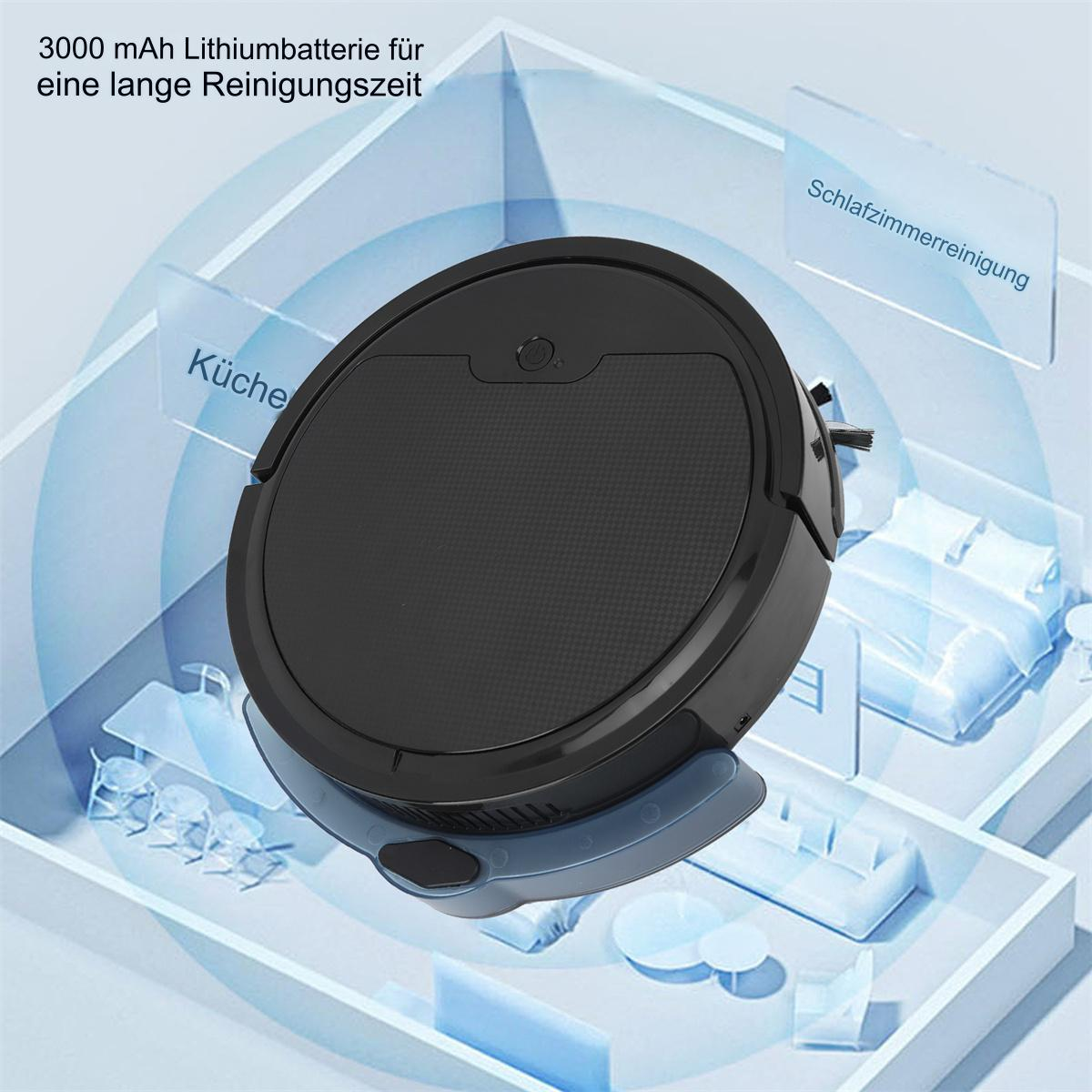 Ein schwarzer Roboter-Staubsauger mit blauem Sockel, sauberes Raumkonzept.