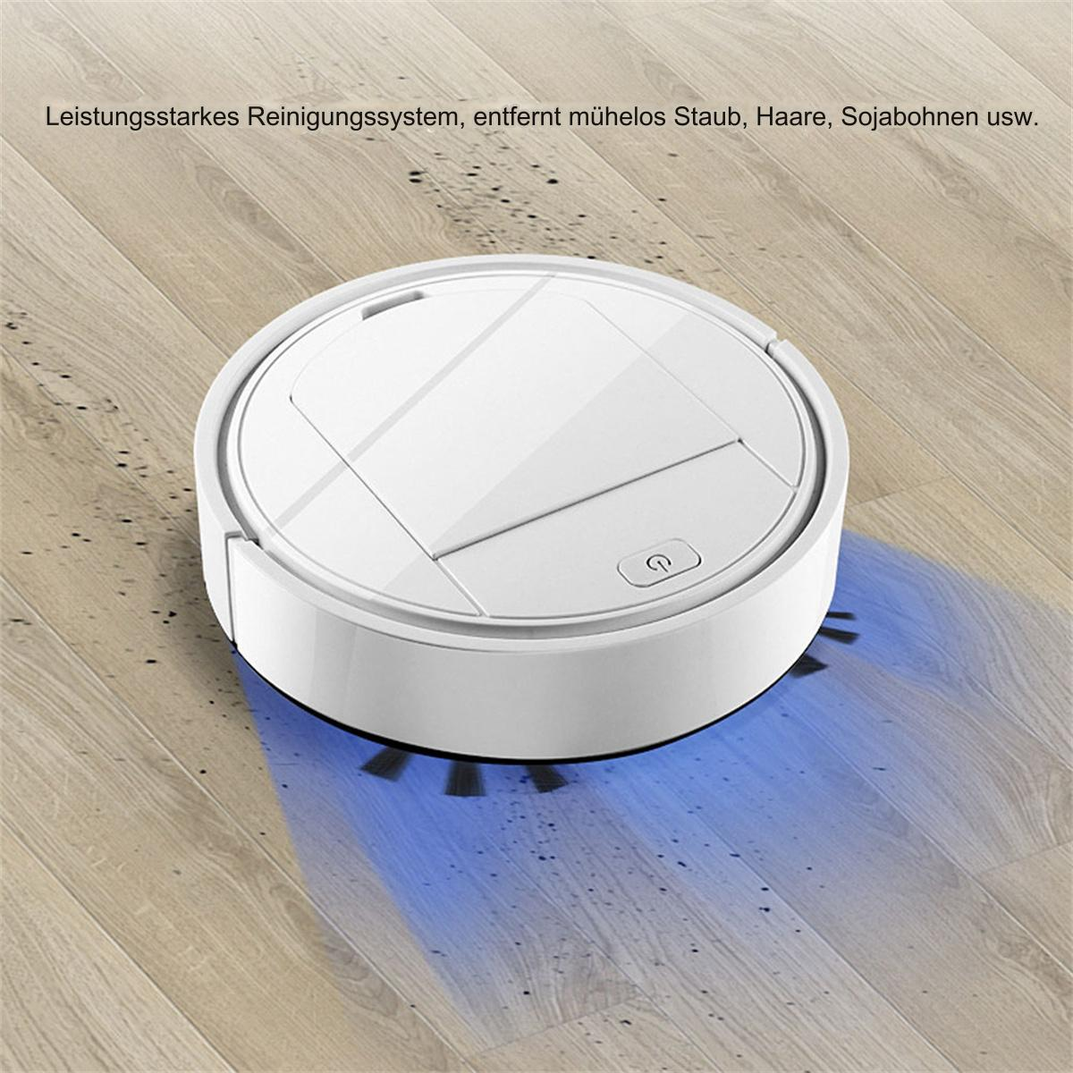 Ein weißer, runder Roboter-Staubsauger steht auf einem Holzboden. Der Staubsauger hat eine Ein-/Aus-Taste und Bürsten.