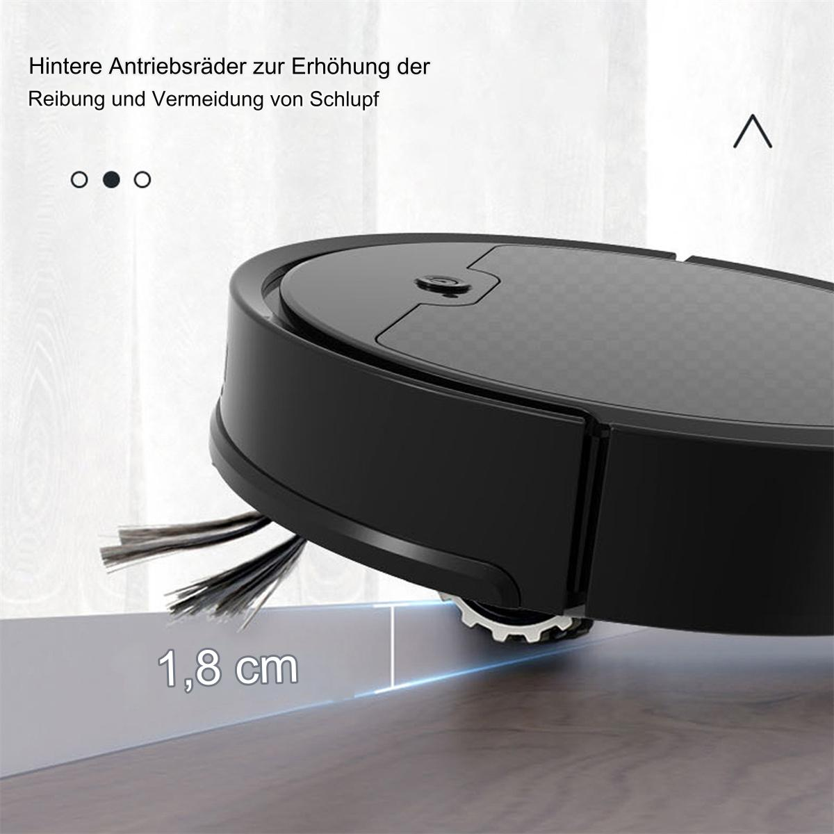 Ein schwarzer Roboter-Staubsauger auf einem Holzboden, mit Text, der die Höhe des Geräts angibt.