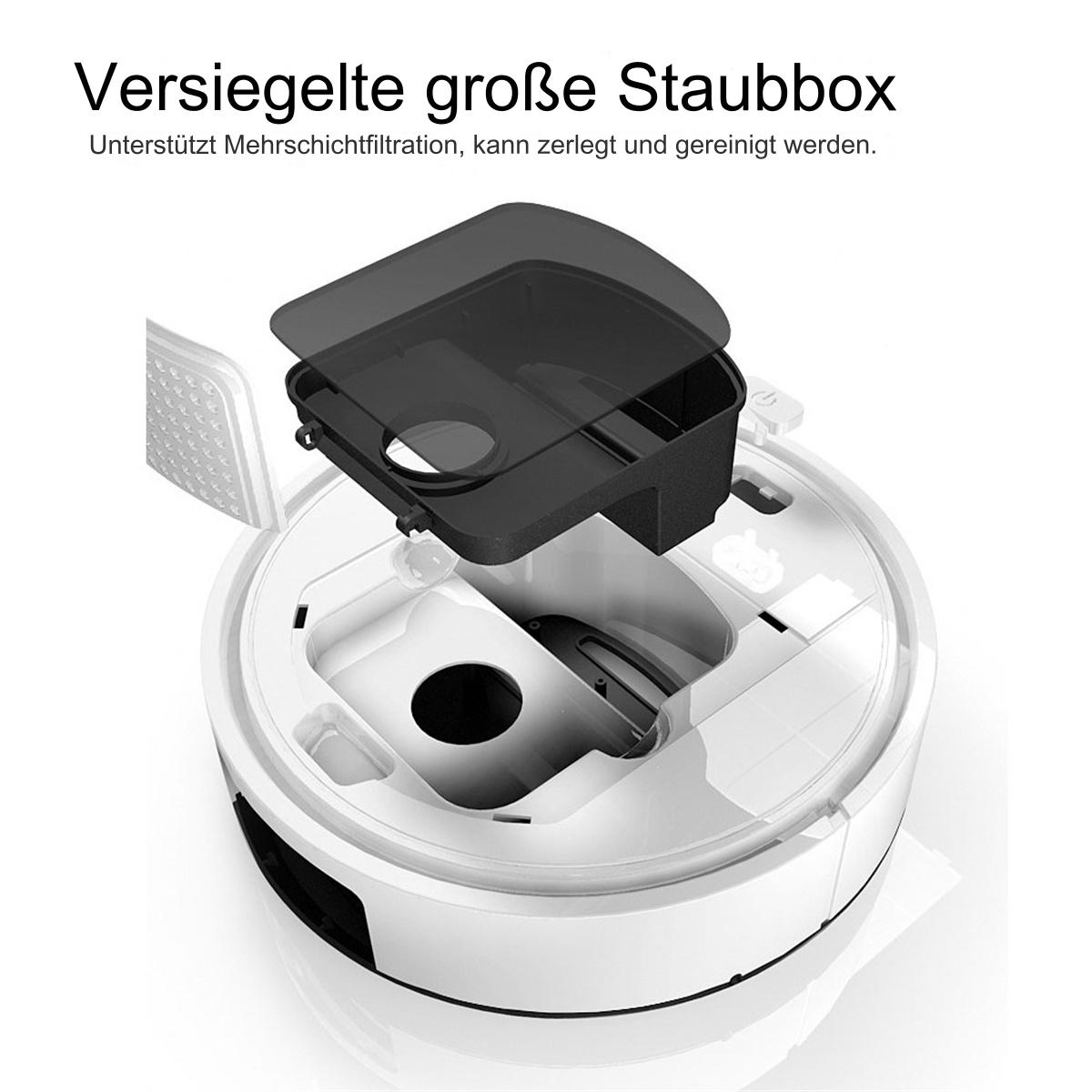 Roboter-Staubsauger mit geöffnetem Staubbehälter, Teile sichtbar.