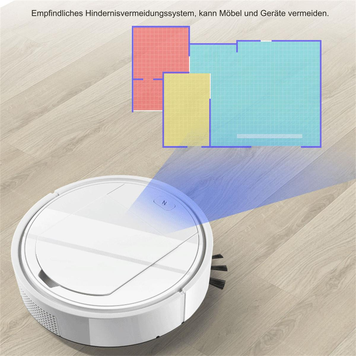 Ein weißer Roboter-Staubsauger, der seinen Weg und einen Grundriss auf einem Holzboden zeigt.