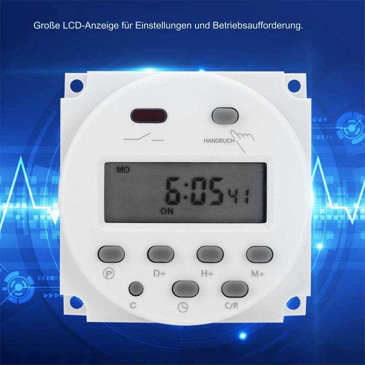 Ein weißer digitaler Timer mit Bildschirm, der die Zeit anzeigt, und Knöpfen. Blauer Hintergrund. Industriedesign.