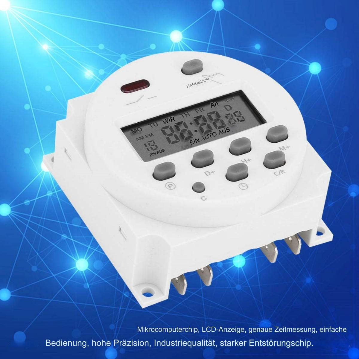 Ein weißer digitaler Timer mit einer Zeitanzeige. Er verfügt über mehrere Tasten und einen blauen Hintergrund.