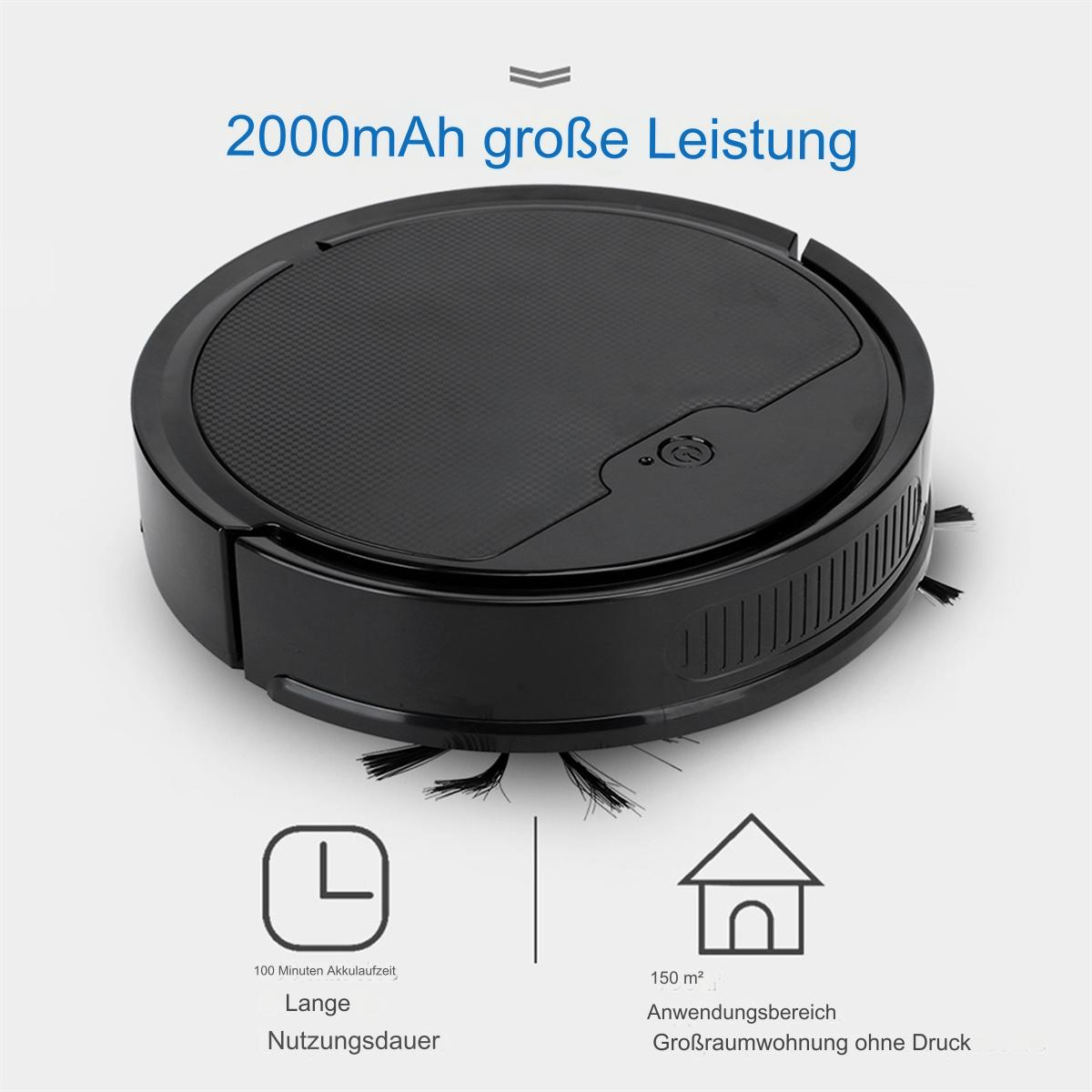 Schwarzer Roboter-Staubsauger. Text: 2000mAh Leistung, 100 Min. Laufzeit, 150 m² Fläche.