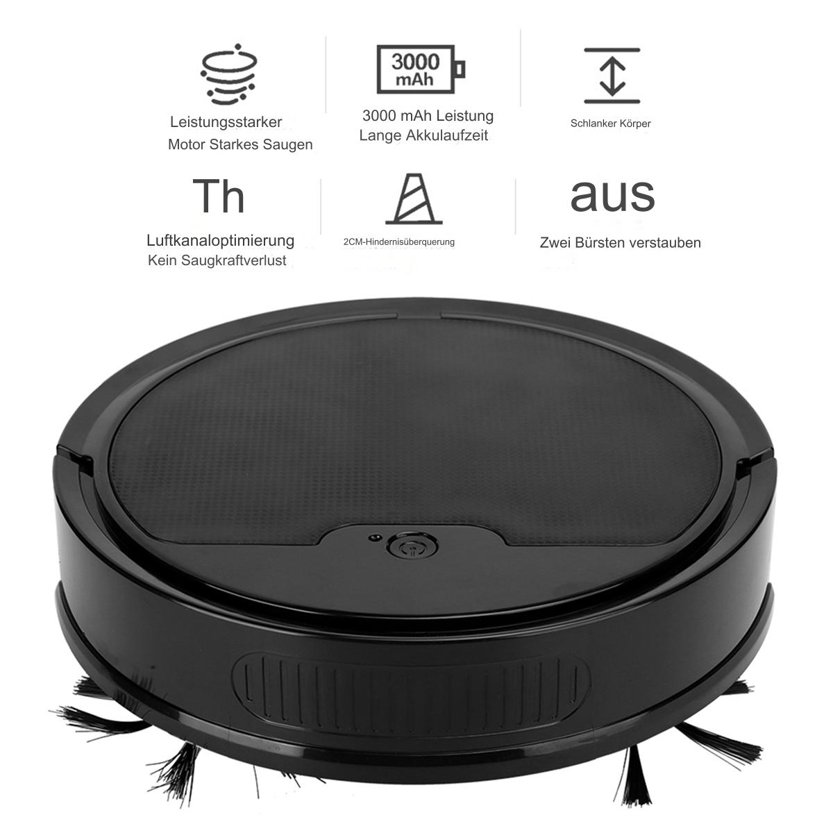 Schwarzer Roboter-Staubsauger. Verschiedene Symbole sind abgebildet. Weißer Hintergrund.