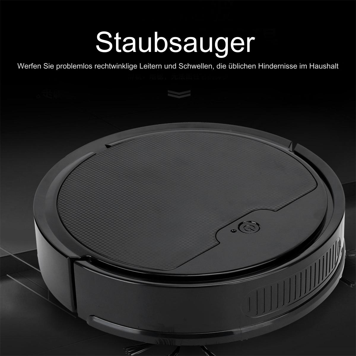 Schwarzer Roboter-Staubsauger auf einem Boden. Es hat eine runde Form und ein Touchpanel.