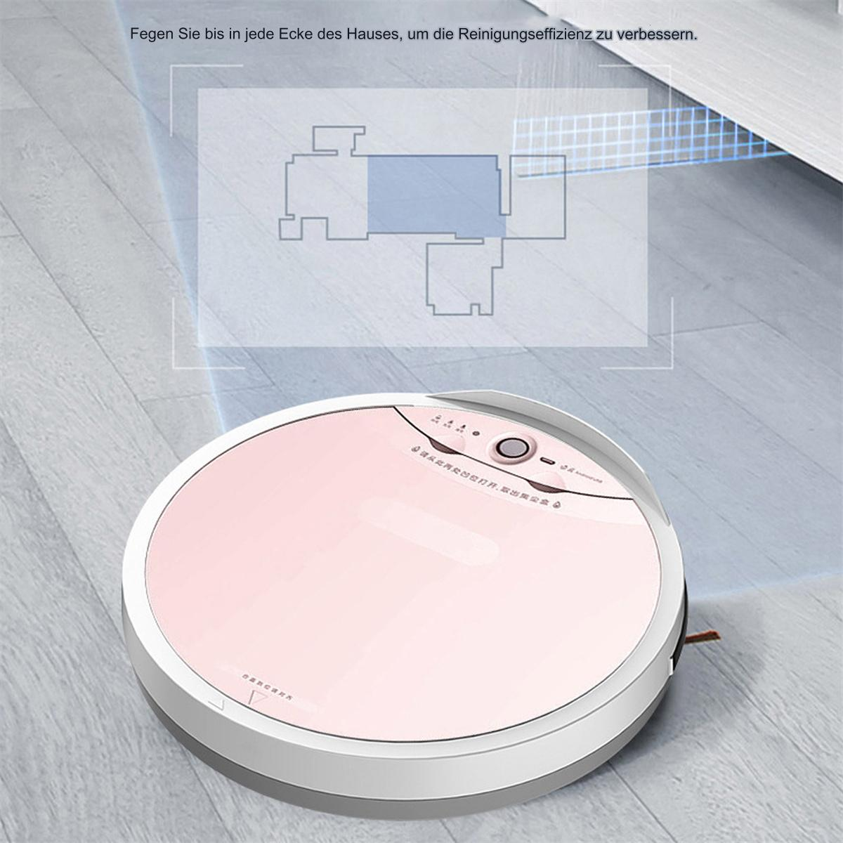 Ein rosafarbener Roboter-Staubsauger auf einem Holzboden mit Raumlayout-Diagramm.