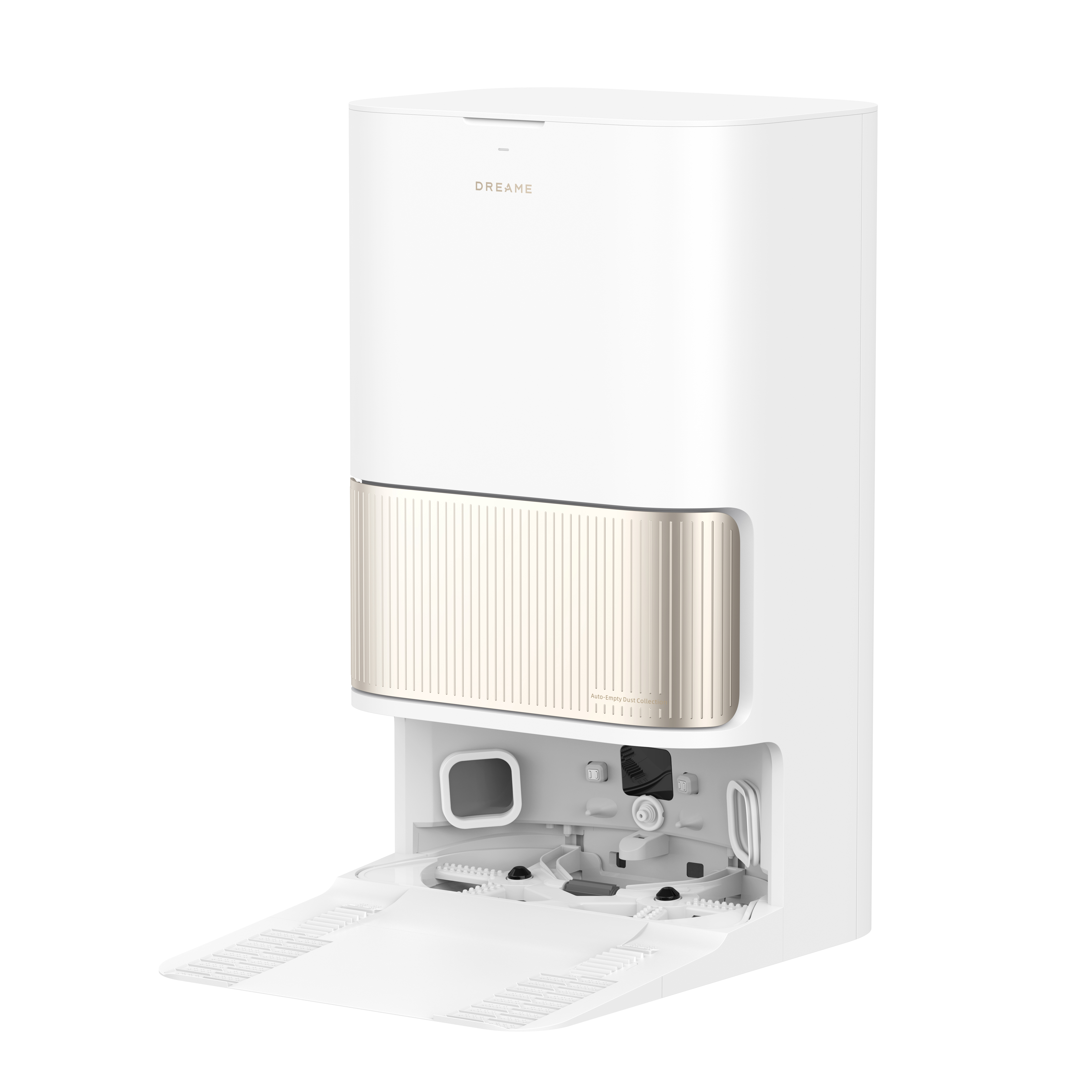 Biały robot sprzątający z otwartymi drzwiami, pokazujący elementy wewnętrzne.