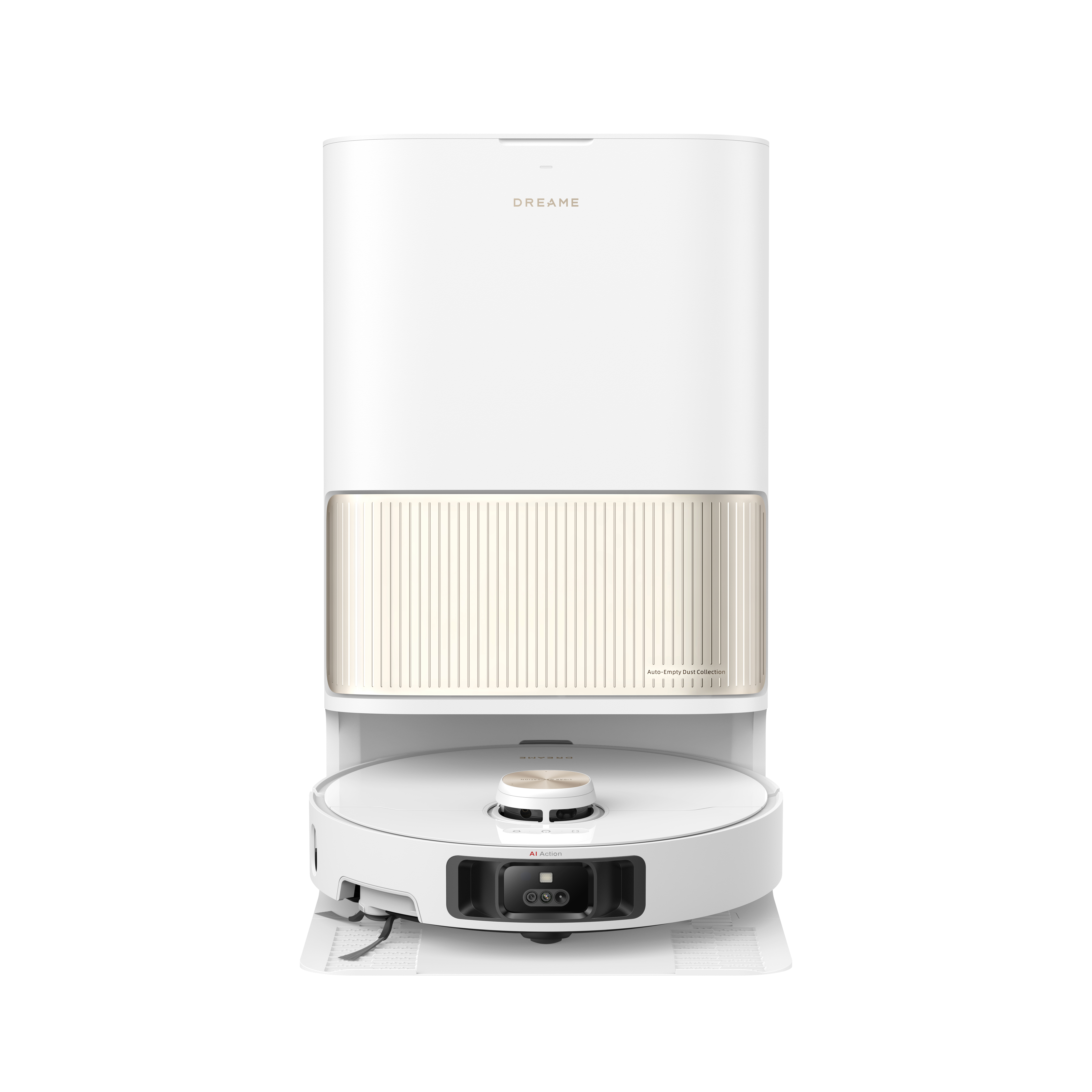 Biały odkurzacz automatyczny ze stacją ładującą. Góra to białe pudełko.