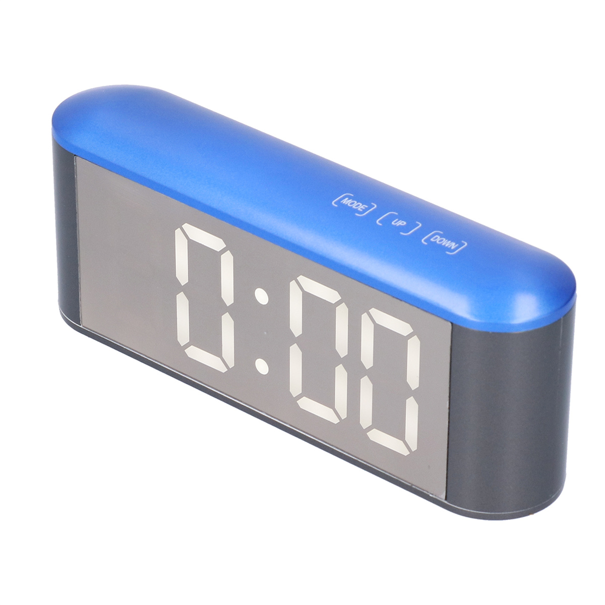 Blaue und schwarze Digitaluhr mit Anzeige 0:00. Die Oberfläche ist reflektierend.
