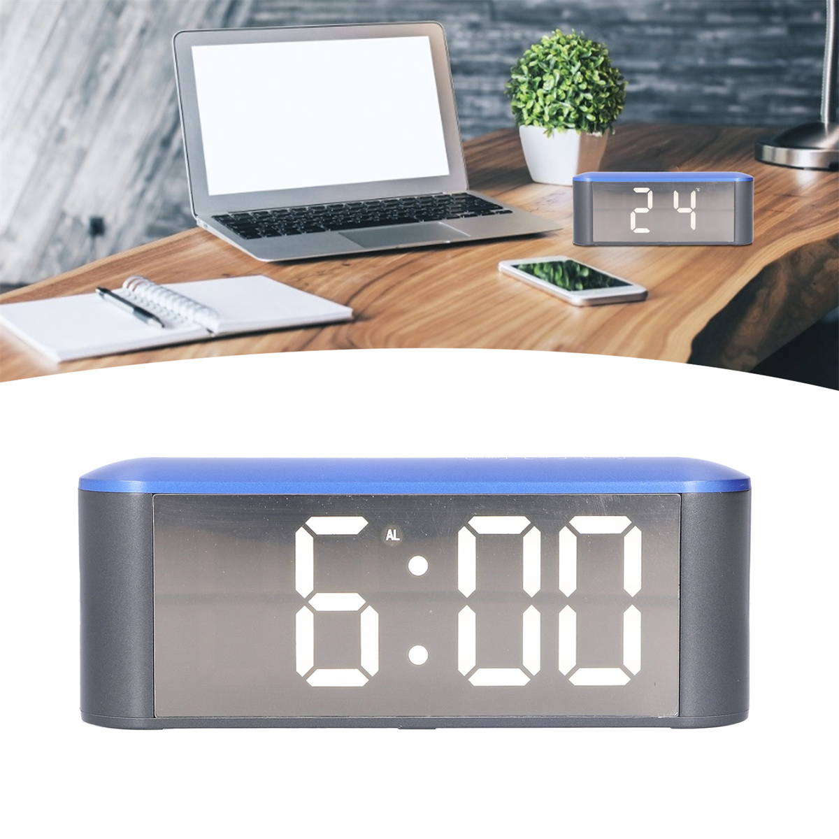 Ein blauer digitaler Wecker, der 6:00 anzeigt. Er steht auf einem Holztisch mit Laptop und Telefon.
