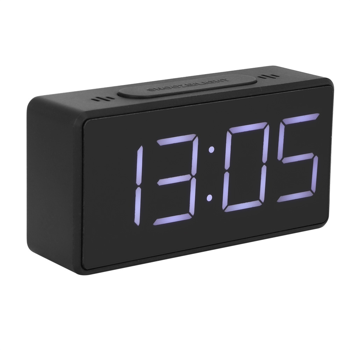 Schwarzer digitaler Wecker mit weißen Zahlen, die 13:05 anzeigen. Die Uhr ist rechteckig.