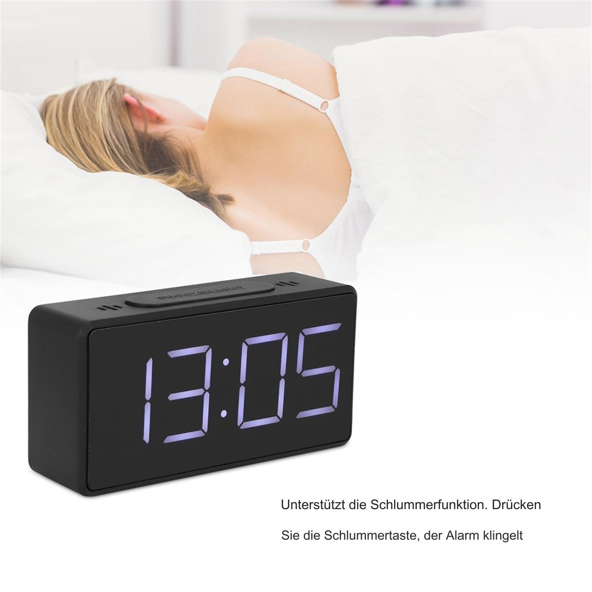 Schwarzer digitaler Wecker mit 13:05 Uhr. Im Hintergrund schläft eine Person.