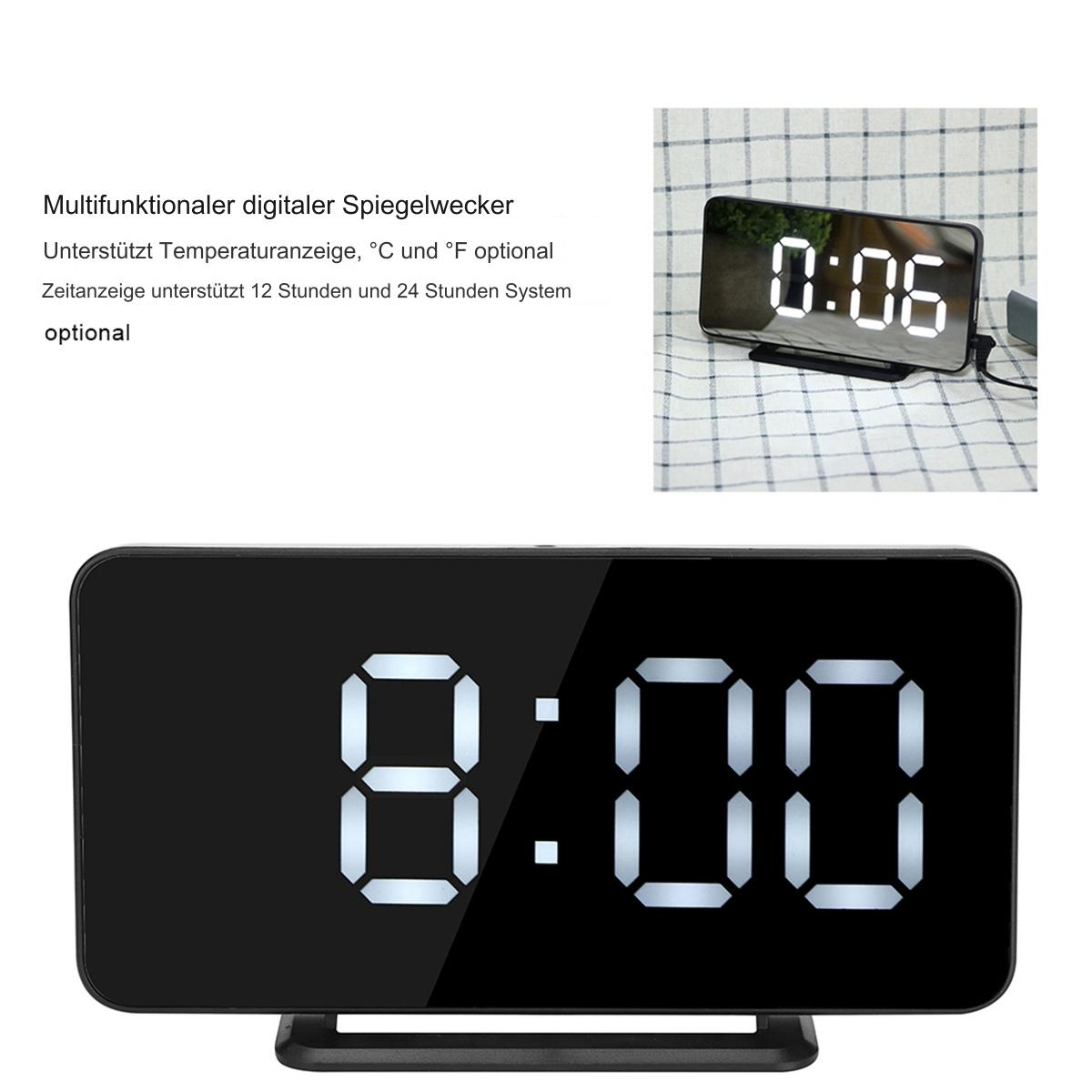 Ein schwarzer digitaler Spiegelwecker zeigt 8:00. Text: 'Multifunktionaler digitaler Spiegelwecker'.