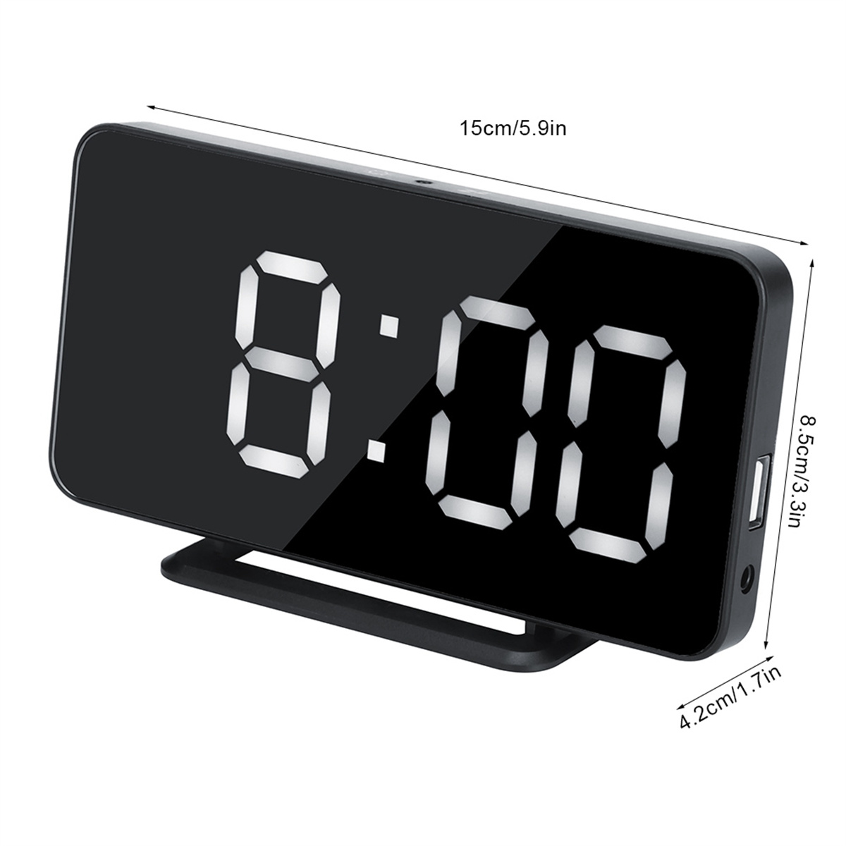 Eine schwarze Spiegeluhr, die die Zeit mit Abmessungen anzeigt.