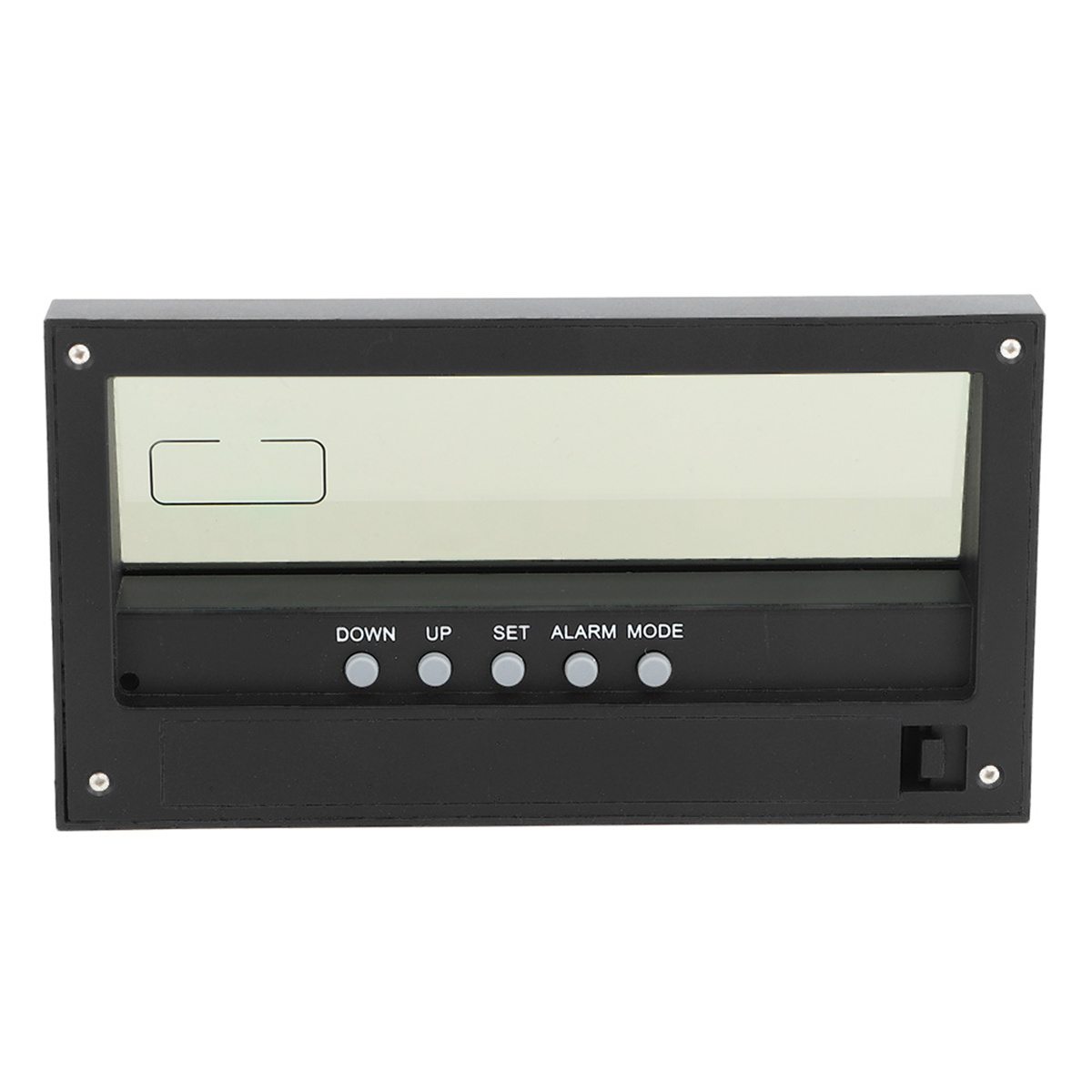 Schwarze Digitaluhr mit Tasten für DOWN, UP, SET, ALARM und MODE. Ein leerer Bildschirm ist zentriert.
