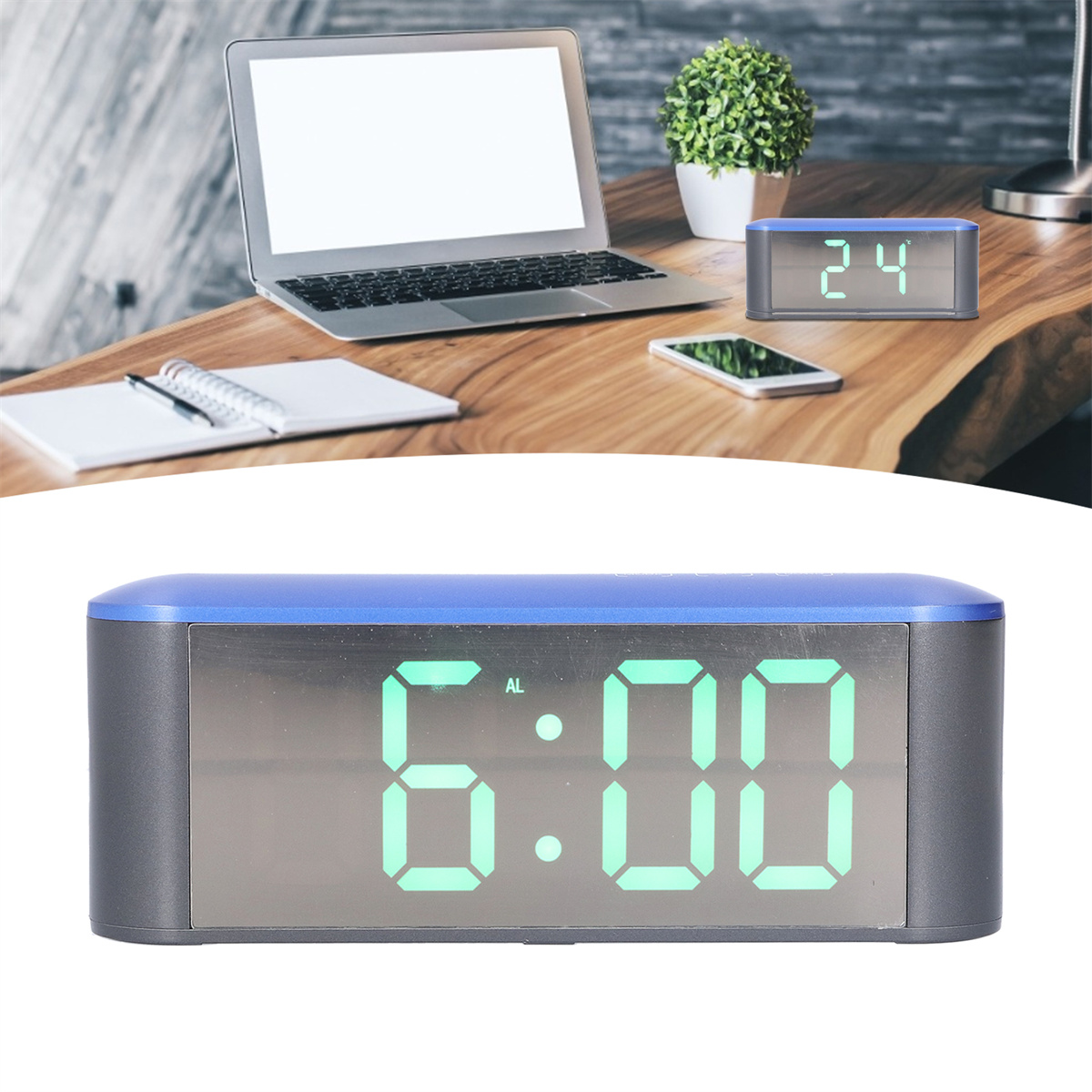Eine blaue Digitaluhr zeigt 6:00 Uhr an. Im Hintergrund ein Laptop, Telefon und eine weitere Uhr.