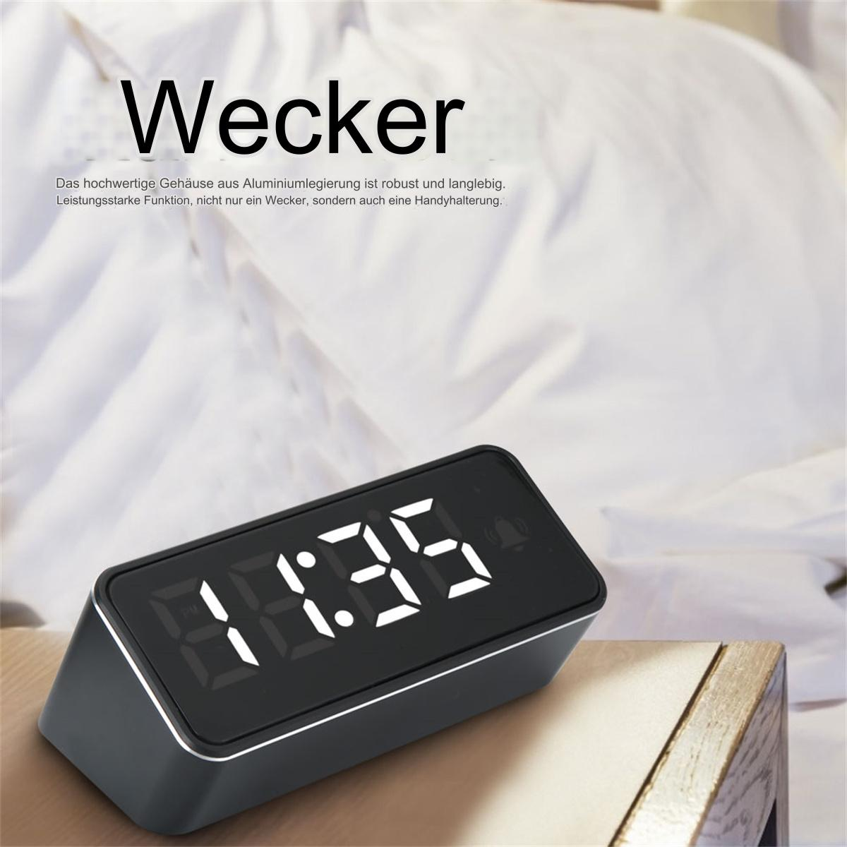 Schwarzer digitaler Wecker, der 1:35 anzeigt, mit 'Wecker'-Text im Hintergrund.