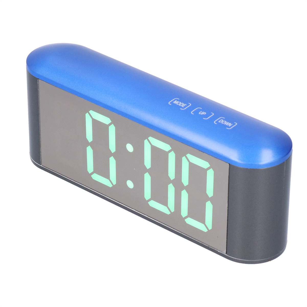 Eine blau-schwarze Digitaluhr, die Zeit anzeigt, auf weißem Hintergrund.