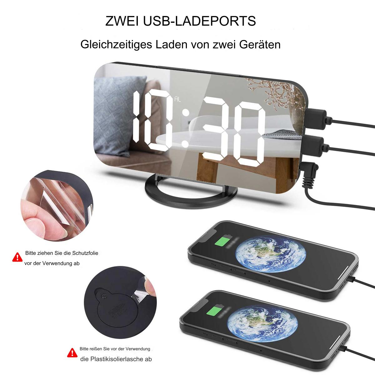 Digitaluhr mit USB-Anschlüssen, die zwei Telefone aufladen. Spiegelanzeige. Schwarzer Rahmen. Anweisungen gezeigt.