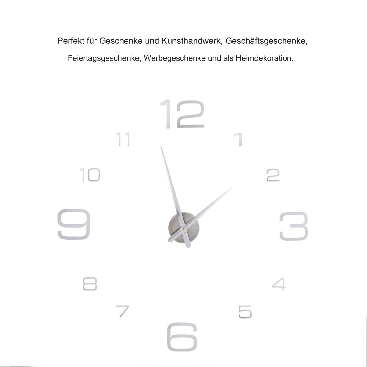 Eine Wanduhr mit großen silbernen Zahlen und Zeigern, angeordnet auf weißem Hintergrund. Schlichtes Design.