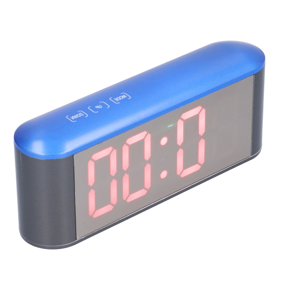 Digitaluhr mit roten Ziffern, 00:00, blau. Knöpfe: Modus, Hoch, Runter.