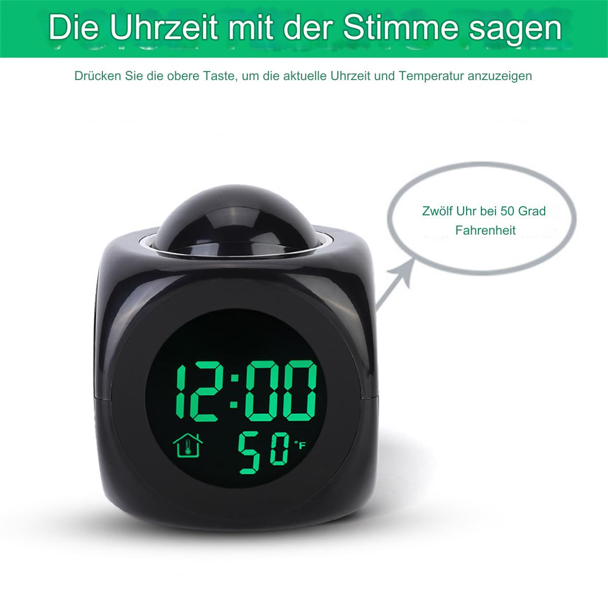 Schwarzer Würfeluhr mit Anzeige von Zeit und Temperatur.