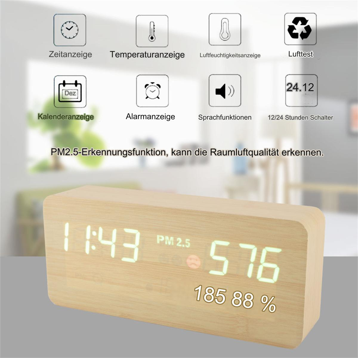 Digitaler Wecker aus Holz mit Anzeige von Uhrzeit, PM2.5 und anderen Werten.